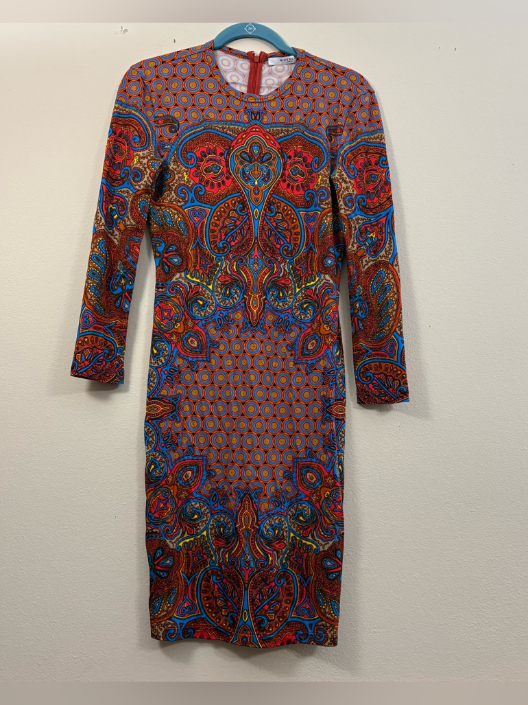 Givenchy Sheath Red Paisley Long Sleeve Wiggle Dress Womens 40
